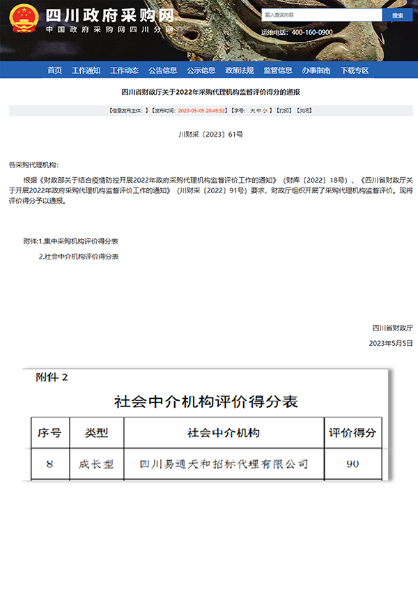 四川省财政厅关于2022年度政府采购代理机构评价得分通报